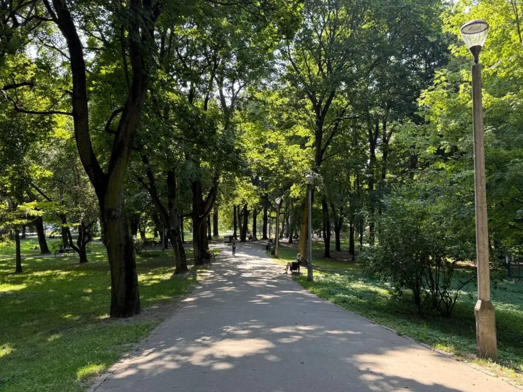 Callejón peatonal a la sombra de los árboles en Florian Nowacki Planty en Cracovia