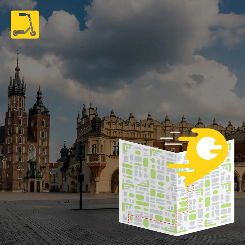 What to see in Krakow in one day – a map of the tourist route with the Cityglide scooter rental against the backdrop of the Cloth Hall and St. Mary's Church.