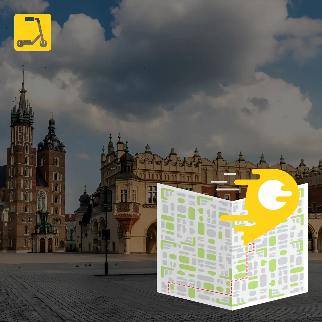Qué ver en Cracovia en un día: un mapa de la ruta turística con el alquiler de scooters Cityglide, con la Lonja de los Paños y la Iglesia de Santa María como telón de fondo.