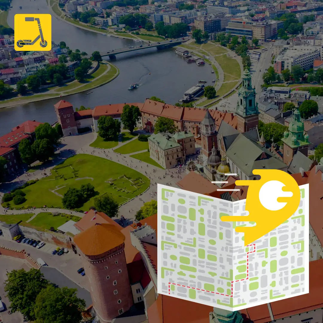 Una toma aérea del majestuoso complejo del Castillo de Wawel en Cracovia, con los tejados rojos del Castillo Real y la Catedral, y una vista del recodo del Vístula y los puentes.